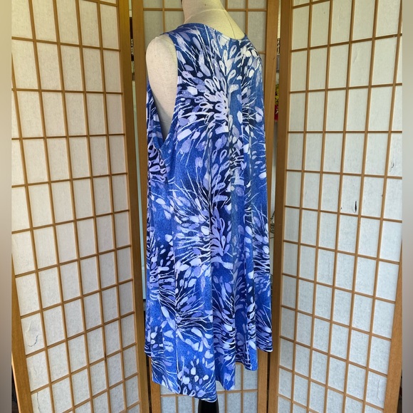 Clara Sun Woo Midi Stretch Knit Sleeveless Blue Print Swing Shift Dress SZ 1X - Picture 9 of 13